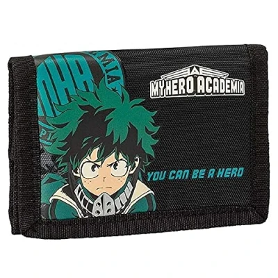 Imagen de Franco Cosimo Panini, My Hero Academia Cartera y Monedero de 3 Puertas Academia, Unisex para niños jóvenes, Anilla Lateral Llavero con Cierre Cremallera, Negro