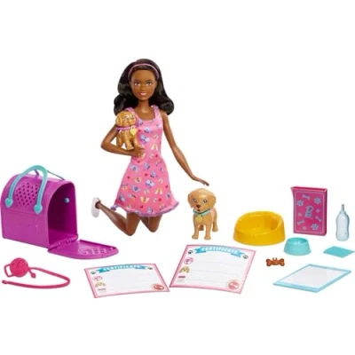 Imagen de Barbie Adopta Perritos Muñeca con Vestido Rosa, Mascota y Accesorios para cuidarles, Juguete +3 años (Mattel HKD87)