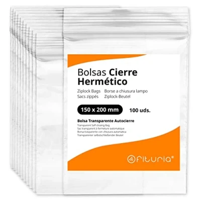 Imagen de Bolsas con Cierre Hermético de Plástico Transparentes Ideales para Congelar Alimentos, Guarda Documentos, Reutilizables y Conservación Ofituria (100 Bolsas, 150 x 200 mm)