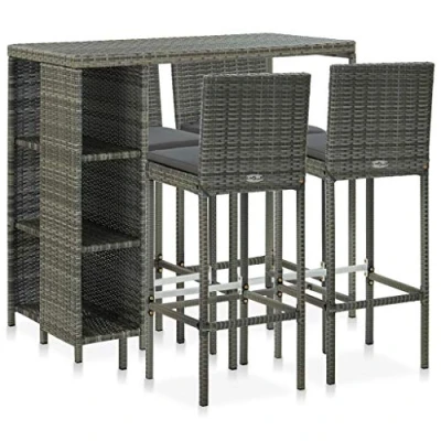 Imagen de vidaXL Set Muebles Bar Jardín 5 Piezas y Cojines Mesa Silla Asiento Patio Terraza Balcón Bistró Barra Mobiliario Ratán Sintético Gris