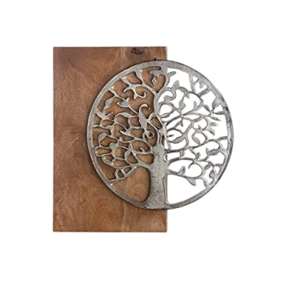 Imagen de GILDE Objeto decorativo de pared Cuadro con diseño árbol la vida metal gancho para colgar Fondo madera mango 45 x cm
