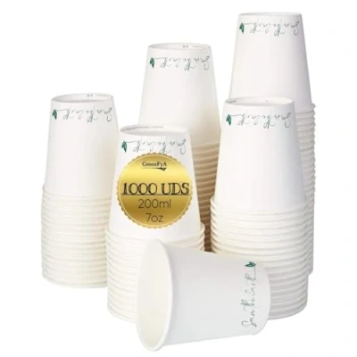 Imagen de GreenFyA Caja 1000 Vasos De Papel 200ml (7oz) Ecológicos Compostables Biodegradables Desechables apto Cafe Agua Bebidas Calientes etc