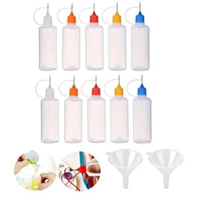 Imagen de 10 botellas de pegamento vacías 60 ml con 2 mini embudos, aplicadoras plástico tapas punta aguja para pegamento, líquido, aceite, manualidades, pintura acrílica (multicolor)