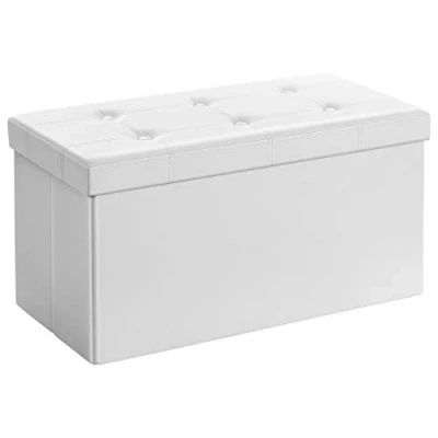 Imagen de SONGMICS Puff Almancenaje, Banco Almacenaje, Capacidad de 80 L, Carga 300 kg, Tapizado PVC, Acolchado, para Sala Estar, Dormitorio, Entrada, Blanco LSF106