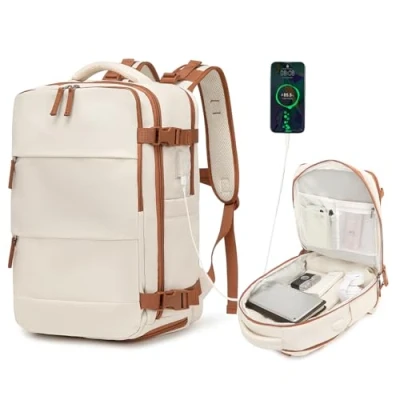 Imagen de Kono Mochila de Viaje Cabin Bag 42x30x20 para Easyjet, Bolsa Bajo Asiento 25L, Impermeable Equipaje Mano, Portátil con Puerto Carga USB (Beige/Marrón)
