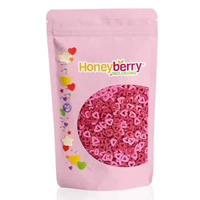 Imagen de HONEYBERRY INCLUSIONS Chispas de corazones abiertos rosa y rojo, 200 g, decoración comestible alta calidad en forma corazón para hornear, decoraciones cupcakes pasteles, helados, postres