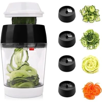Imagen de MENNYO Cortador de Verdura 4 en 1, Espiralizador Verduras con Contenedor Mandolina Cocina Profesional, Patatas Spiralizer para Espaguetis Calabacín, Zanahorias, Pepinos (negro)