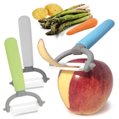 Imagen de COM FOUR® pelador 3x con Hoja de cerámica para Frutas y Verduras Universal Especialmente Afilado Inoxidable pendular (3 piezas verde. azul. gris)