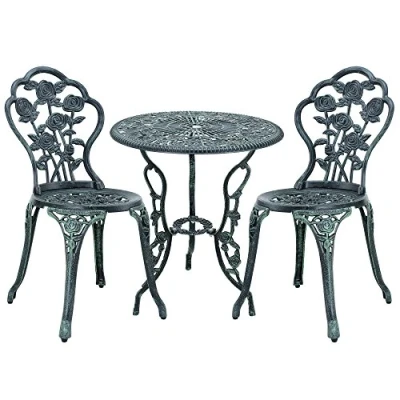 Imagen de casa.pro Set Bistro Aluminio Fundido Mesa + 2 sillas Verde Oscuro Look Antiguo Muebles para jardín, terraza, balcón