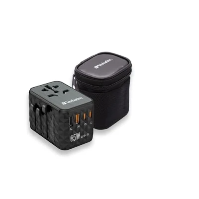 Imagen de Verbatim GAN UTA 05 Adaptador de Viaje Universal (65 W, 2 Puertos USB‑A y USB C Cargador rápido para Ordenador portátil, teléfono móvil, cámara Otros Toma