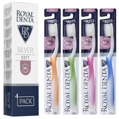 Imagen de Royal Denta Silver Juego de 4 cepillos dientes cerdas suaves, cepillo suave para sensibles, doble longitud limpieza interdental, partículas