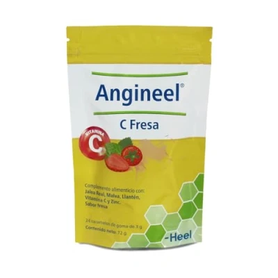 Imagen de Heel Angineel C Fresa Jalea real, Malva, Llantén, Vitamina y Zinc Alivia garganta Sabor Sin gluten, lactosa, colorantes ni sabores artificiales Vegano 24 gummies.