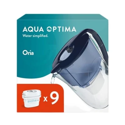 Imagen de Aqua Optima Oria Jarra de Filtro Agua y 9 Cartuchos Evolve+ 30 Días, Capacidad 2,8 litros, Para la Reducción Microplásticos, Cloro, Cal e Impurezas, Azul