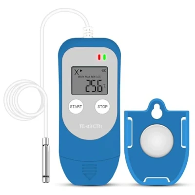 Imagen de ThermElc TE 03 ETH Registrador de Datos Temperatura y Humedad con Sonda Digital Alta Precisión, Proporciona una Precisión hasta ±0,3 C, Informe Automático en PDF CSV, luz Advertencia LED