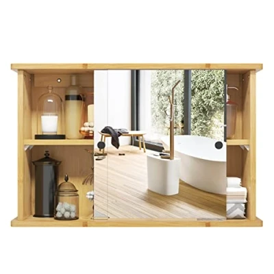 Imagen de EUGAD Armario de Pared para Baño con 2 Estantes Interiores, Mueble Bambú, Espejo y Estante Ajustable Almacenamiento, Adecuado Baño, Cocina Dormitorio, 55x14x35,5 cm