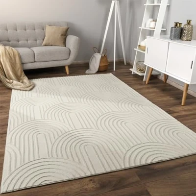 Imagen de Paco Home Alfombra Salon De Habitacion Pelo Corto Motivo Nordica Boho Chic Dibujo Geometrico, tamaño:240x340 cm, Color:Crema 3