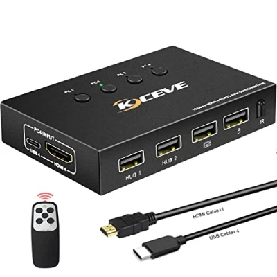 Imagen de KVM Switch 4 Port Box 4K @ 60Hz,MLEEDA USB y HDMI para ordenadores compartir un monitor UHD dispositivos USB, teclado ratón impresora, con mando a distancia 5 cables