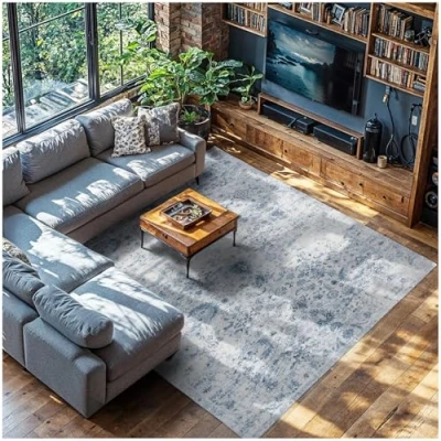 Imagen de TecTake® Alfombra de Salón Moderna, Diseño Oriental, Antideslizante, Lavable, Pelo Corto Extra Suave, Salon, Alfombras Dormitorio, Lavable Lavadora 340 x 240 cm Azul