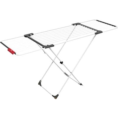 Imagen de Vileda Surprise Tendedero Extensible de acero y aluminio, espacio tendido 11 hasta 20 metros, soporte para artículos pequeños, medidas abierto 110 187 x 61 94 cm, color blanco