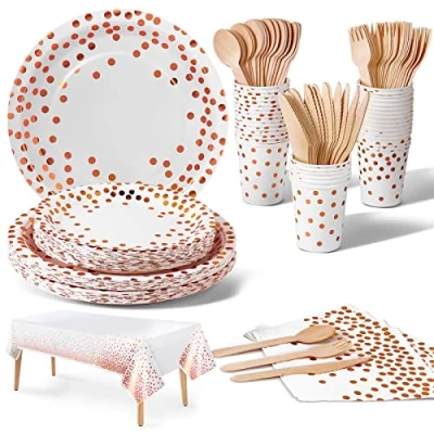 Imagen de Nkaiso Vajilla de fiesta,141 piezas Reutilizable Rosa puntos dorados set juego platos y cubiertos, cubertería cartón, vasos servilletas, para cumpleaños, bodas, aniversarios (20 invitados)