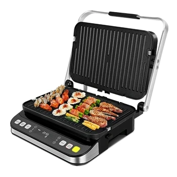 Imagen de Taylor Swoden 10 en 1 Grill de contacto, Plancha, 2000W Electrico, Sandwichera 2 placas antiadherentes extraíbles, tiempo y temperatura individuales, pantalla LED, Ajustable a 180º
