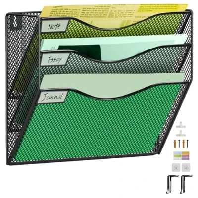 Imagen de IOUGDSEC organizador de archivos pared malla 3 niveles, vertical media, para colgar en la oficina, revistero, juego ganchos
