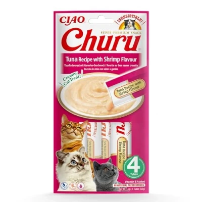 Imagen de INABA Churu Premios para Gatos Snacks Saludables Atún y Gamba Textura Cremosa Sin Cereales, Conservantes, Colorantes Sólo 6 Cal 4x14g (56g)