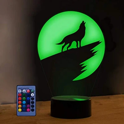 Imagen de HPBN8 Ltd 3D Lobo ilusión Optica Lámpara Luz Nocturna 7/16 Colores Cambiantes Control Remoto USB de Suministro Energía Juguetes Decoración Regalo Cumpleaños Navidad
