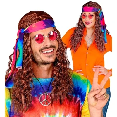 Imagen de Widmann Peluca Hippie con diadema batik, pelo rizado sintético, flower power, reggae, fiesta temática, carnaval