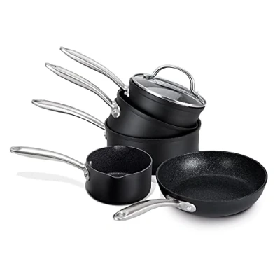 Imagen de PRESTIGE Juego de cacerolas antiadherentes 5 piezas inducción negro con 16 cm, 18 cm y 20 tapa, sartén antiadherente 29 para leche