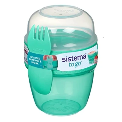 Imagen de Sistema Snack Capsule To Go fiambrera para aperitivos Con dos compartimentos y tenedor cuchara 515 ml Verde menta azulado