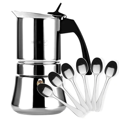 Imagen de FAGOR ® Etnica cafetera italiana con capacidad para 10 tazas, 500 ml, fabricada en acero inoxidable, todo tipo de cocinas, incluido INDUCCION, pack exclusivo (Cafetera Tazas + 6 Cucharas moka)