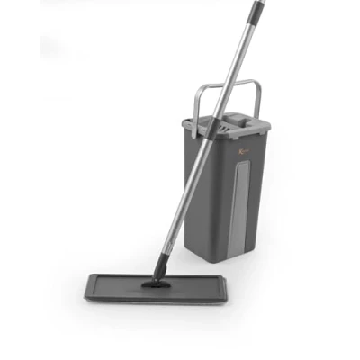 Imagen de Kleeneze KL028145EU7 Mopa Plana y Cubo Escurridor de 2 en 1, Cabezal Rotativa, Compartimientos Dual para Escurrir Remojar, Rascador Eliminar Suciedad, la Mayoría Suelos Duros, Gris