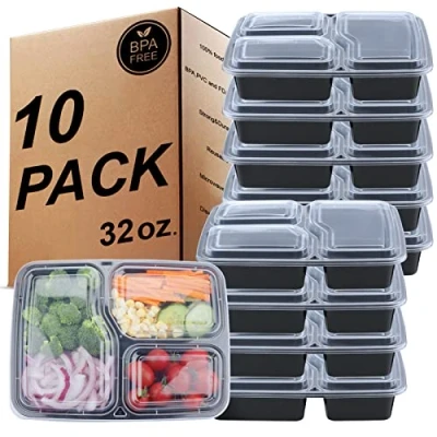 Imagen de KINGHON 3 Compartimentos Meal Prep Containers Almacenamiento de alimentos reutilizable sin BPA con tapas herméticas,Congelador, microondas y lavavajillas,Fiambreras Bento[10 piezas,32 oz]