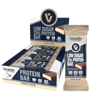 Imagen de VITALDIN SPORT Low Sugar 33% Protein Bar Coco 12 Barritas Proteicas x 45 gr; sabor Barrita Alto Contenido en Proteína y Bajo Azúcar Sin Azúcares Añadidos