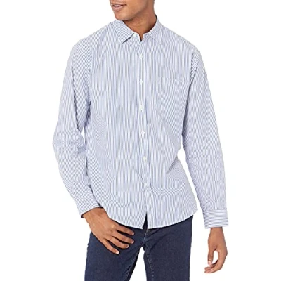 Imagen de Amazon Essentials Camisa Informal de Popelina con Manga Larga y Corte Recto Hombre, Azul Blanco Rayas Verticales, L