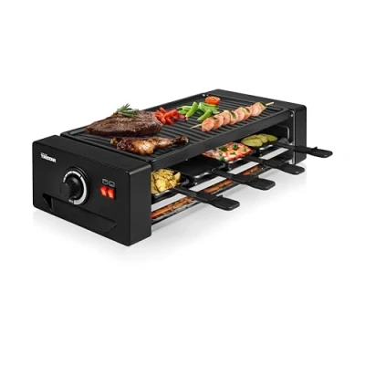 Imagen de Tristar RA 2736 Raclette y pizzera multifuncional, termostato regulable, con resistencia doble, superficie de cocinado 43 x 23 cm, Para 8 comensales, libre BPA, 1300 W, Negro