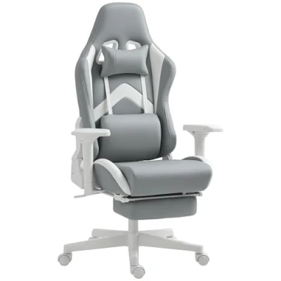 Imagen de HOMCOM Silla Gaming Gamer Reclinable con Altura Ajustable Reposapiés Retráctil Soporte Lumbar y Reposacabezas Desmontable para Oficina Estudio Gris Claro Blanco