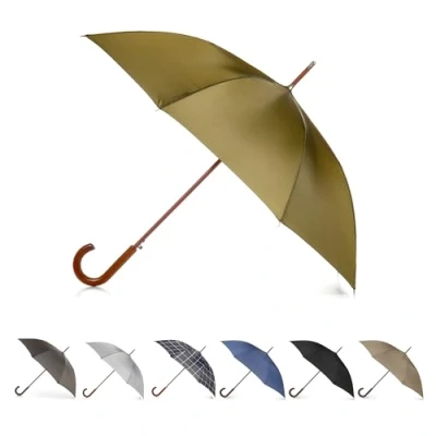 Imagen de Totes Paraguas clásico de madera Eco Auto Open con mango palo en J fácil agarre, resistente al viento, a la lluvia y diseño toldo duradero, viaje versátil, perfecto para días