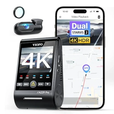 Imagen de VIOFO A229 Pro 4K + 2K Dual STARVIS 2, HDR Delantero Trasero Dashcam coche, Control de voz y 5 GHz Wi Fi Wifi Cámara GPS ultrapreciso con filtro CPL, Super visión nocturna 2.0, salida