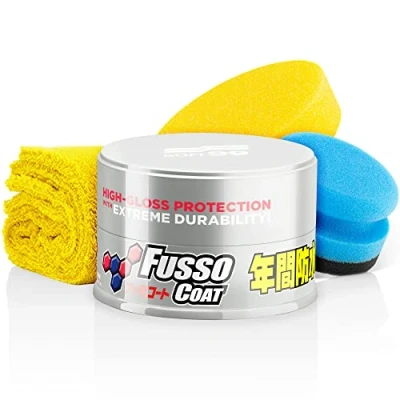Imagen de detailmate Soft99 New Fusso Coat 12 Months Wax Light Cera dura para coche, 200 g pinturas claras, paño de microfibra pelo largo + 2 guantes protección nitrilo
