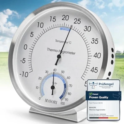 Imagen de MAVORI® Termometro Higrometro Analogico, Estación Meteorológica Pared Precisa Para Medición De Humedad Y Temperatura, Hidrometro Interior Sin Batería, Ambiente Profesional