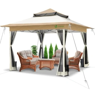 Imagen de VOUNOT Carpa Plegable Gazebo 3.6x3.6m con Laterales de Malla, Cenador Pabellón Pop Up Jardín Techo Doble y Bolsas Arena, Protección UV, para Camping, Fiestas, Exterior, Beige