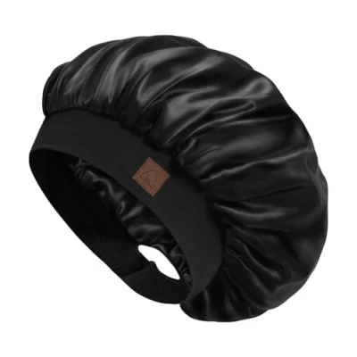 Imagen de Hat Hut gorro de satén seda para mujer, dormir cabello rizado, banda ancha ajustable, doble capa, A01 negro, Talla única