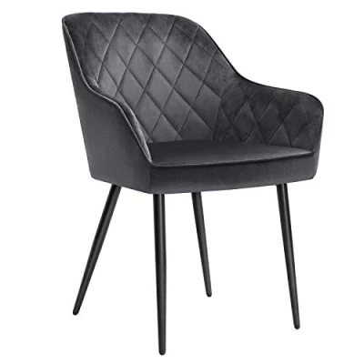 Imagen de SONGMICS Silla de comedor, Sillón, tapizada con reposabrazos, Asiento 49 cm Ancho, Patas metálicas, Forro terciopelo, Carga 110 kg, para dormitorio, salón, Gris LDC088G01