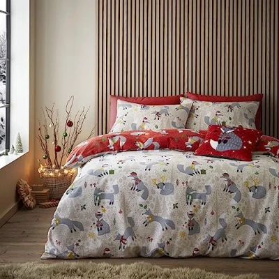 Imagen de Fusion Juego de Funda edredón Reversible con diseño Zorro Navidad forrajeando Tamaño Cama Individual en Color Rojo