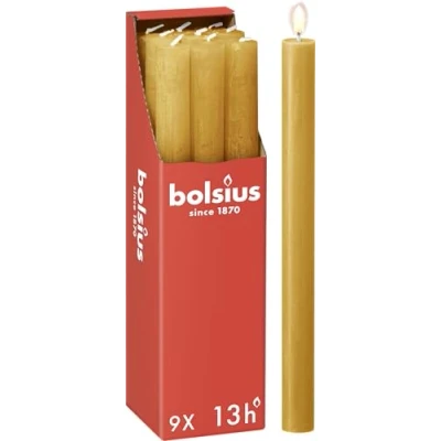 Imagen de Bolsius Velas cónicas para cenas, color amarillo, paquete de 9, larga duración combustión 13 horas, vela el hogar, decoración interiores, sin perfume, cera natural vegana, 27 x 2,3 cm