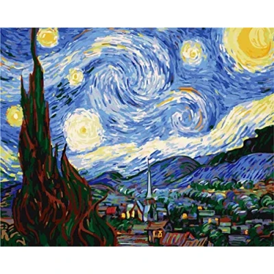 Imagen de Kit de pintura por números, Awesocrafts Van Gogh, para adultos y niños, 40,6 x 50,8 cm enmarcado o no (noche estrellada, sin marco)