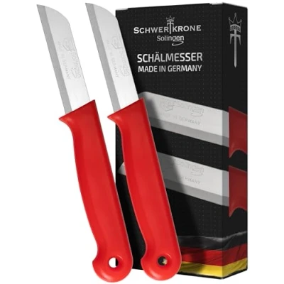 Imagen de Schwertkrone Solingen Juego de 2 cuchillos para pelar frutas y verduras acero inoxidable, cuchillo floristería, fabricado en Alemania, color rojo