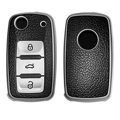Imagen de kwmobile Funda para Mando de Coche Compatible con VW Skoda Seat Carcasa TPU Tipo Cuero Botones Plata/Negro